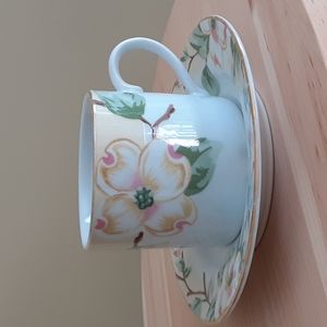 Fairfield Dogwood Fine China Gold Rim 6 oz Flat Cup 6" Saucer Pink Yellow Floral